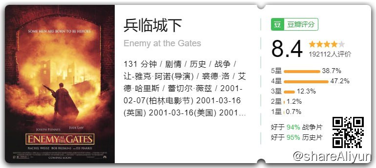 名称：兵临城下 Enemy at the Gates（刮削 原盘）描述：斯大林格勒战役中，瓦西里（裘德•洛 Jude Law 饰）是一个威震部队的神枪手