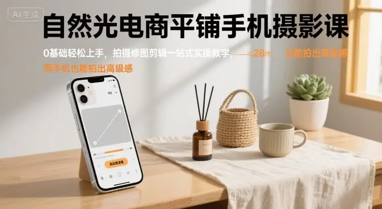 名称：柔妈自然光静物平铺手机摄影课描述：自然光电商平铺手机摄影课，包含0基础拍摄修图剪辑一站式实操教学内容